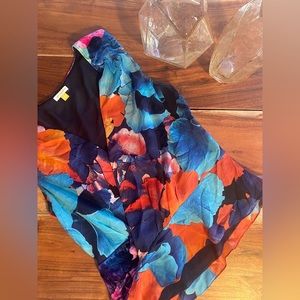 Vibrant classy Anthropologie blouse, small, flower, blue, red, pink, purple